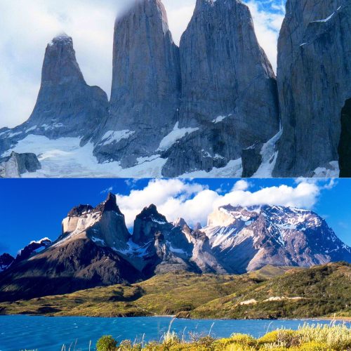 Granite towers of Torres del Paine reflected in a Patagonian lake Granite towers of Torres del Paine reflected in a Patagonian lake