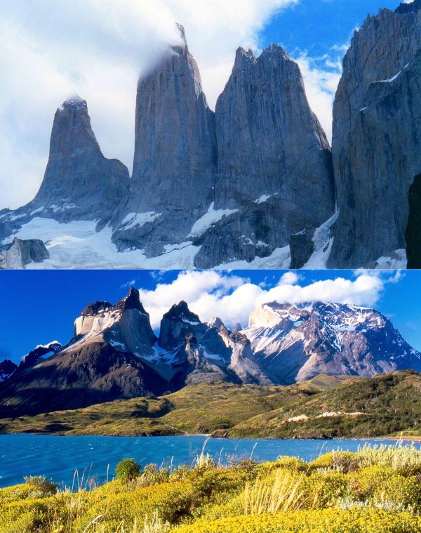 Granite towers of Torres del Paine reflected in a Patagonian lake Granite towers of Torres del Paine reflected in a Patagonian lake