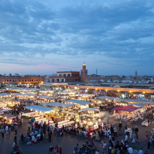 Evening food stalls and crowds in Jemaa el-Fnaa square, Marrakesh Evening food stalls and crowds in Jemaa el-Fnaa square, Marrakesh