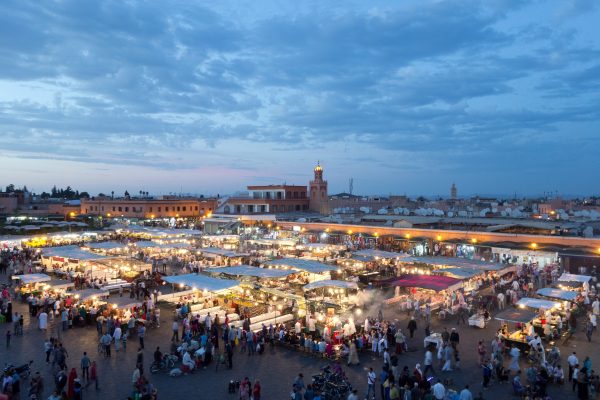 Evening food stalls and crowds in Jemaa el-Fnaa square, Marrakesh Evening food stalls and crowds in Jemaa el-Fnaa square, Marrakesh