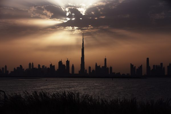 The Burj Khalifa rising above the Dubai skyline at night